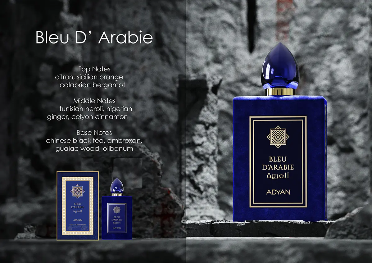 Adyan Bleu D'Arabie perfume notes banner diagram, listing all the top middle and base notes