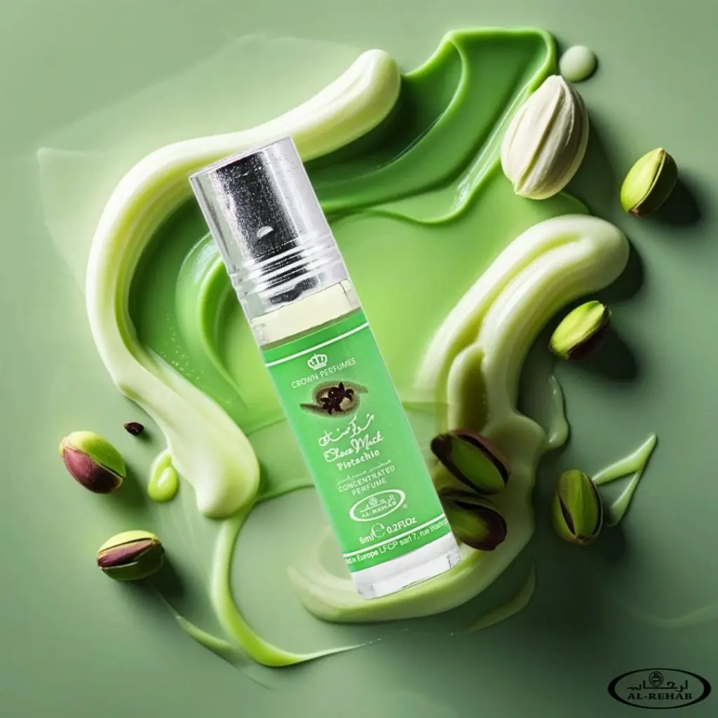 Al Rehab Choco Musk Pistachio 6ml bottle and pistachio banner.webp